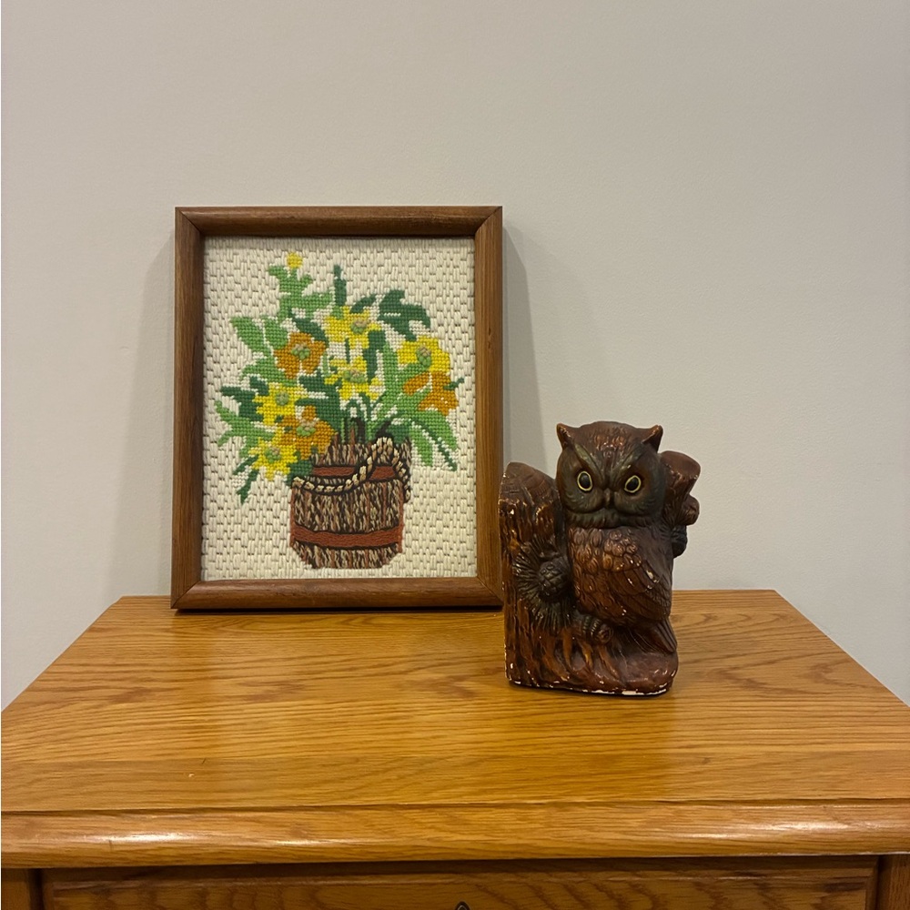 Framed Floral Needlepoint Art with Wood Frame - Yellow & Green